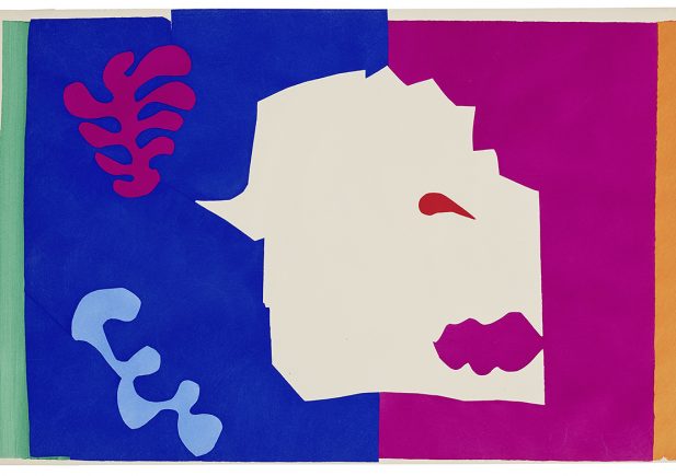 Abstrakte Collage mit kühnen, organischen Formen in Blau, Magenta, Orange und Grün. Inspiriert von Zoo und Moderne steht eine gezackte cremefarbene Form im Mittelpunkt, umgeben von ausgeschnittenen roten, blauen und magentafarbenen Formen auf einem leuchtenden Hintergrund.