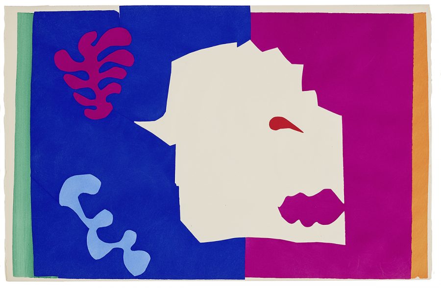 Abstrakte Collage mit kühnen, organischen Formen in Blau, Magenta, Orange und Grün. Inspiriert von Zoo und Moderne steht eine gezackte cremefarbene Form im Mittelpunkt, umgeben von ausgeschnittenen roten, blauen und magentafarbenen Formen auf einem leuchtenden Hintergrund.