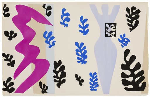 Abstraktes Kunstwerk mit einer rosafarbenen Zickzackform auf der linken Seite, einer blauen Silhouette mit einem schwarzen Quadrat in der Taille auf der rechten Seite und verstreuten schwarzen und blauen blattähnlichen Formen auf cremefarbenem Hintergrund - eine Anspielung auf den verspielten Geist von Zoo und Moderne.