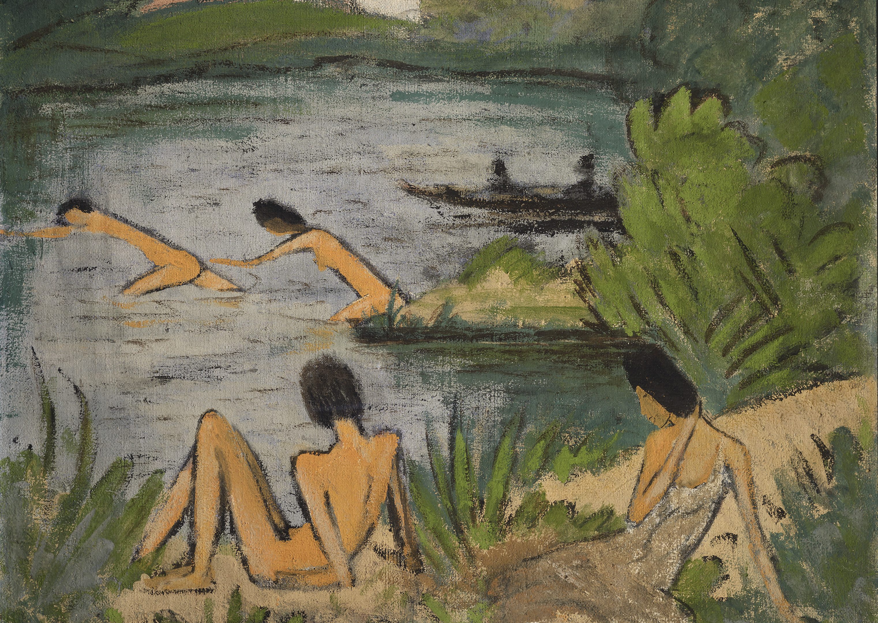 Impressionistisches Gemälde von vier Frauen am Flussufer: zwei sitzen im Gras, eine am Ufer und eine schwimmt. Das Gemälde, das im Presse Franz Marc Museum ausgestellt ist, zeigt üppiges Grün, einen ruhigen Fluss und ein Boot mit fernen Figuren.