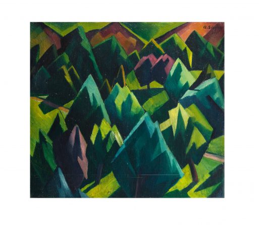 Ein Gemälde im kubistischen Stil zeigt einen dichten Wald mit kantigen, geometrischen grünen Bäumen und Bergen im Hintergrund. Dabei werden kühne Formen und leuchtende Grün-, Blau- und Violetttöne verwendet - eine lebendige Vorschau auf kommende Ausstellungen.