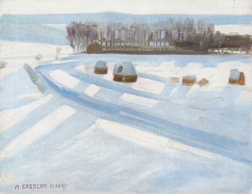 Das Gemälde einer Winterlandschaft zeigt schneebedeckten Boden, eine kurvenreiche Straße, geparkte Autos und entfernte Bäume. Zwei farbige Kalibrierungskarten befinden sich unter dem Kunstwerk. Das Werk, signiert A. Eresloh 31.XII.07, bietet eine Vorschau auf kommende Ausstellungen.