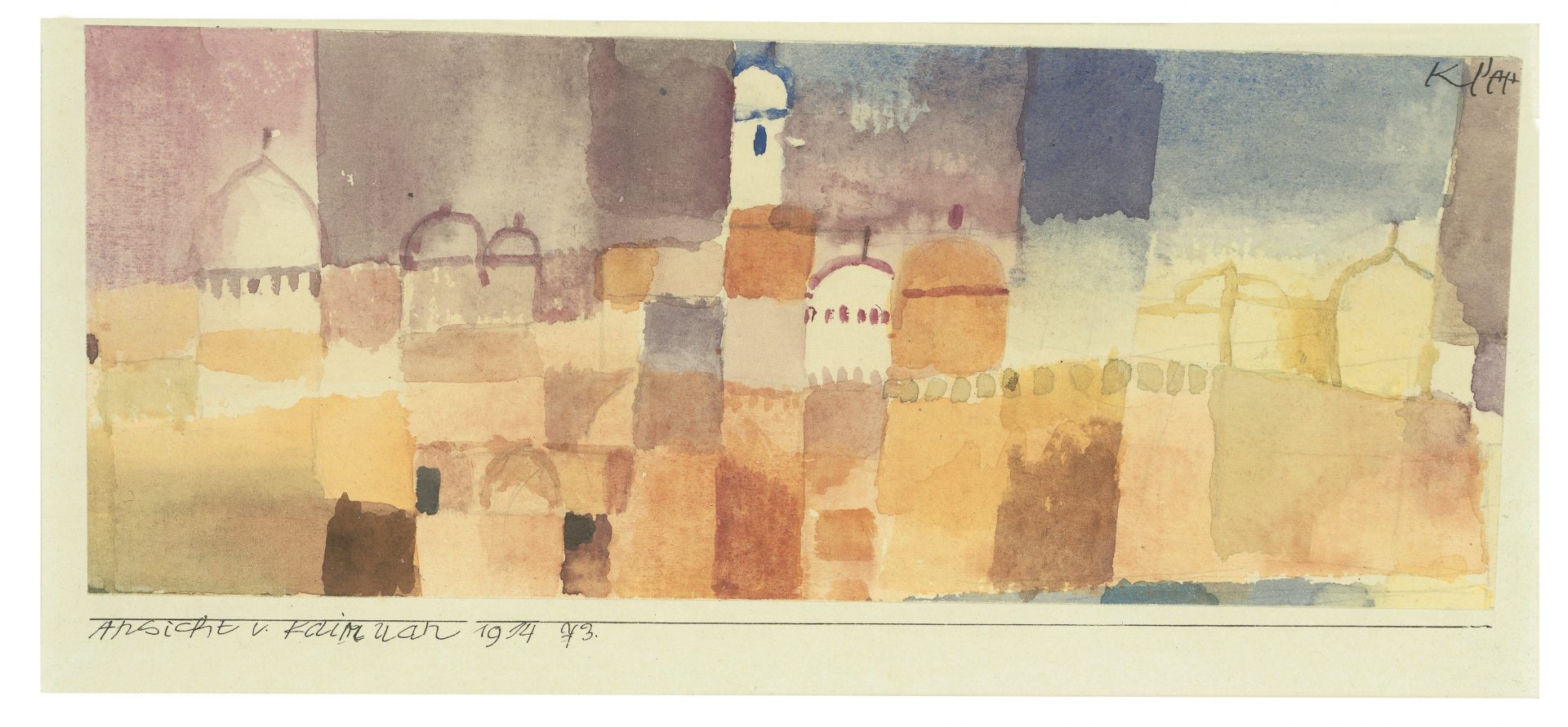 Abstrakte Aquarellmalerei einer Stadtlandschaft mit kuppelförmigen Gebäuden in sanften Gelb-, Orange-, Violett- und Blautönen. Die geometrischen Formen und die verträumte Atmosphäre evozieren eine Vorschau auf kommende Ausstellungen.