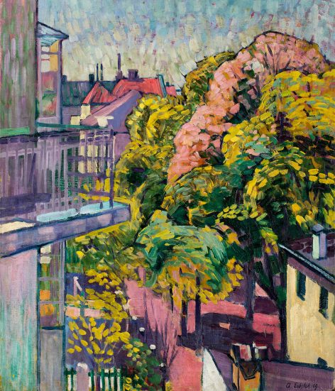 Colorful impressionist painting of a cityscape with leafy green and pink trees, red-roofed buildings, and a blue sky, reminiscent of works seen at Presse Franz Marc Museum. A vibrant street scene peeks through the lush urban architecture.
