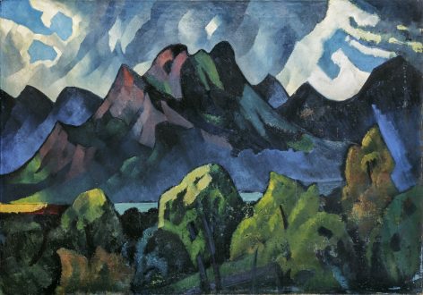 Colorful, abstract painting of mountains under a dynamic, cloudy sky, vibrant green trees in the foreground, and blue and purple hues on dramatic peaks—reminiscent of works featured at Presse Franz Marc Museum.