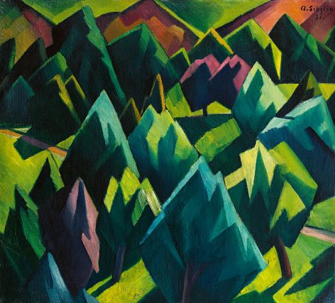 A cubist-style painting of a forest with angular, geometric green trees and dark shadows, echoing the landscapes often featured at the Presse Franz Marc Museum, with hills or mountains beneath a bright greenish-yellow sky.
