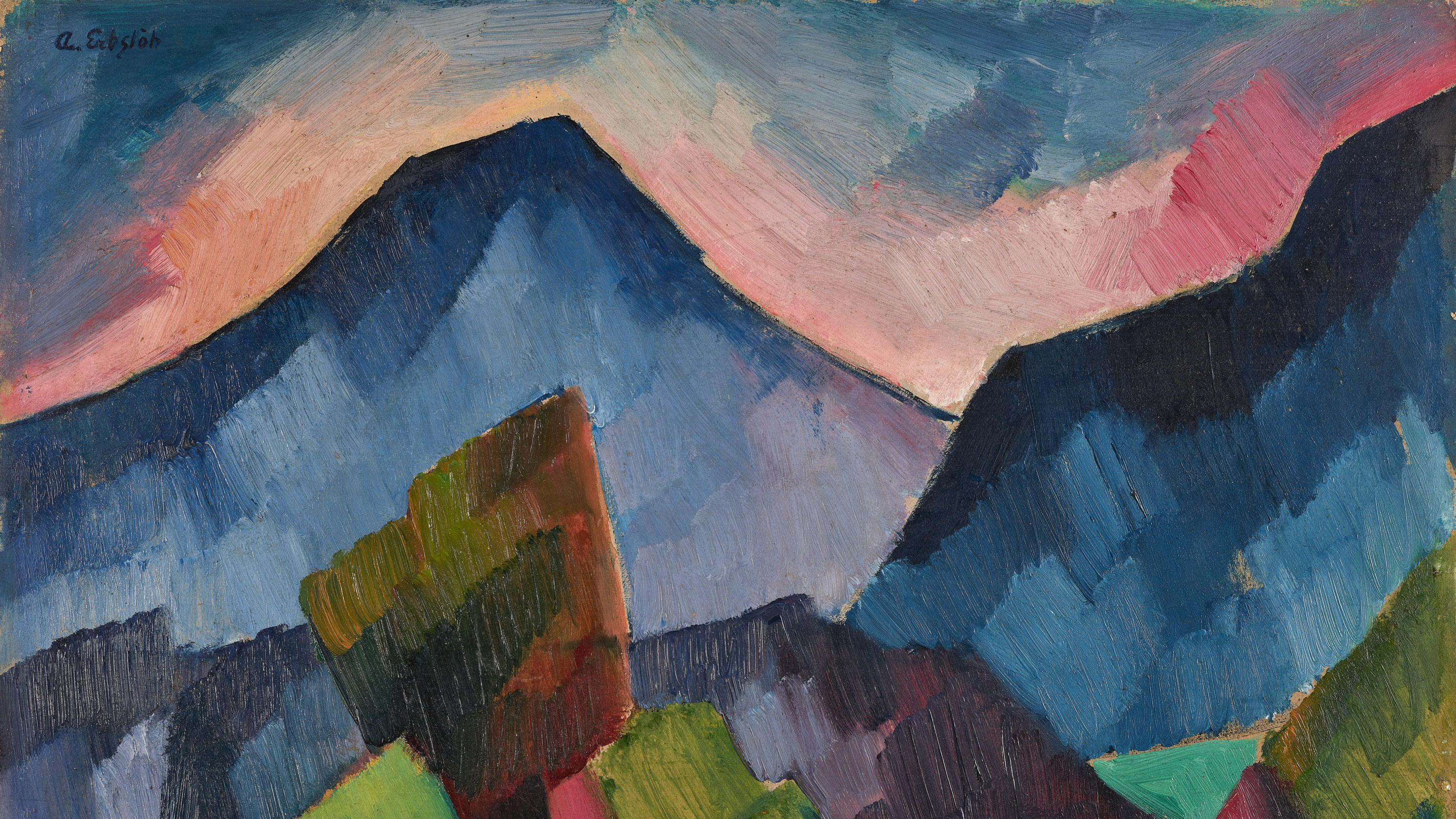 Abstraktes Gemälde von Bergen mit kühnen, kantigen Pinselstrichen in blauen, grünen und roten Farbtönen; der Himmel darüber ist rosa und blau und schafft eine lebendige, ausdrucksstarke Landschaft.