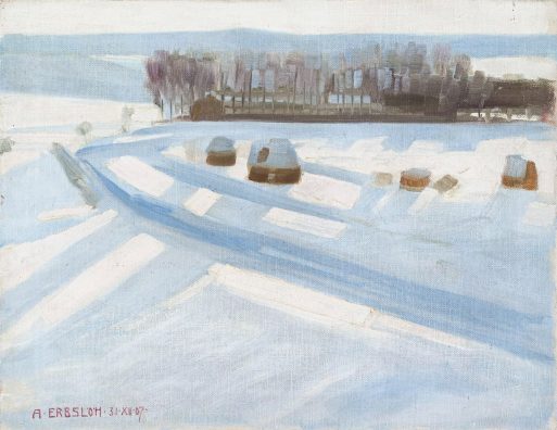 A winter landscape painting with snow-covered fields, scattered houses, and a line of trees under a pale sky. Soft blue and white tones evoke calm, while subtle touches of Moderne style add elegance—like a serene scene outside a winter Zoo und Moderne.