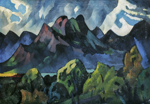 Lebendiges, stilisiertes Gemälde einer Bergkette unter einem dramatischen Himmel mit abstrakten Blau- und Grüntönen. Üppige grüne Bäume füllen den Vordergrund in der Nähe eines blauen Flusses oder Sees und evozieren Visionen von Zoo und Moderne in beeindruckender Harmonie mit der Natur.