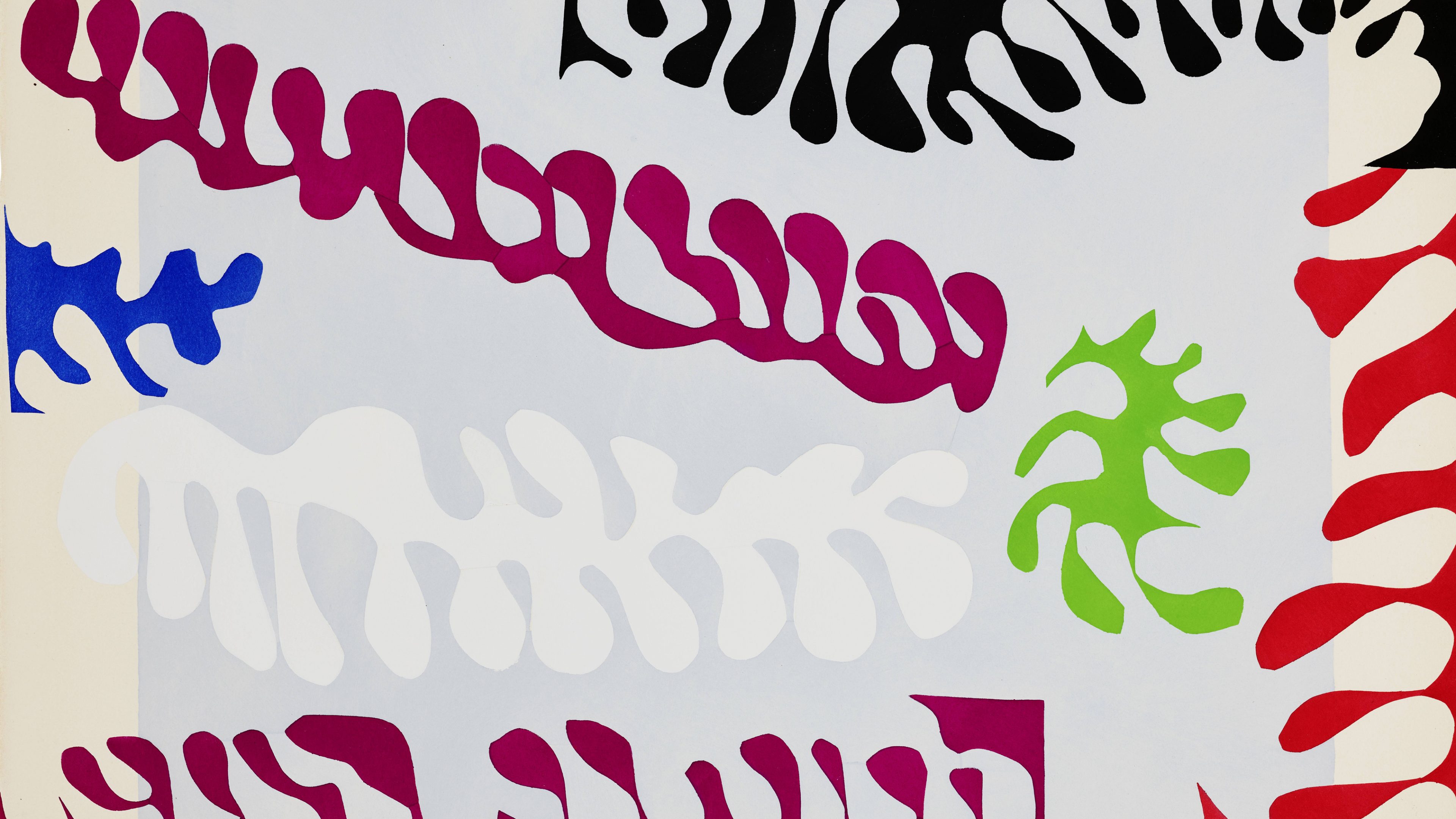 Abstract artwork with colorful, wavy, leaf-like shapes in red, white, black, blue, and green on a pale background, arranged in overlapping and intertwining patterns.