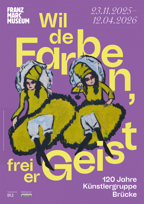 Das Plakat für die Ausstellung Rückblick Franz Marc Museum zeigt ein Gemälde von zwei Frauen in gelben Kleidern und Hüten. Ein fetter gelber und weißer deutscher Text überlagert einen violetten Hintergrund, der die Ausstellungsdaten und -details enthält.