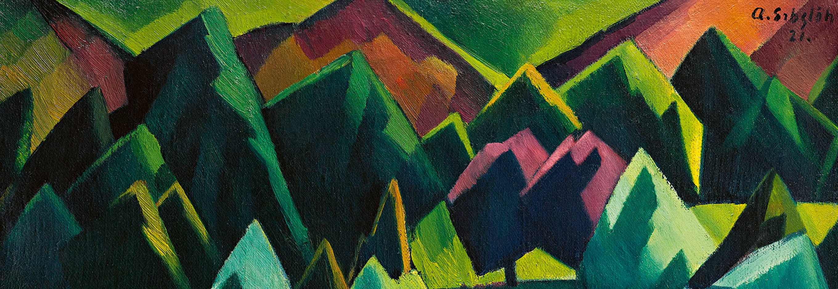 Abstraktes Gemälde von zerklüfteten Berggipfeln in Grün-, Blau- und Violetttönen, mit kantigen Formen und kräftigen Farben. Der Himmel hat orangefarbene und rote Töne, und in der oberen rechten Ecke ist eine Signatur zu sehen.