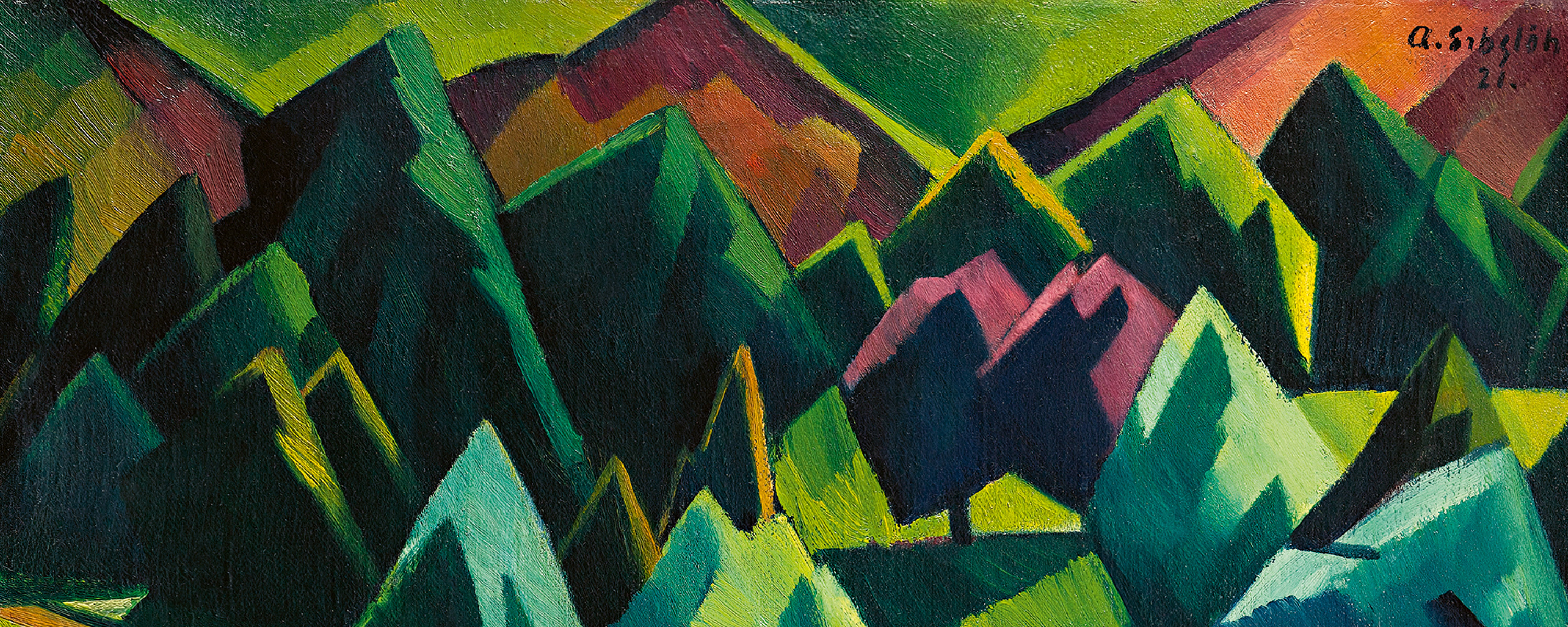 Abstraktes Gemälde mit zerklüfteten Berggipfeln in Grün-, Blau- und Violetttönen, mit geometrischen Formen und scharfen Linien; warme Farben im Hintergrund lassen einen bunten Himmel vermuten. Ein Hauch von Zoo und Moderne durchdringt die Szene. Signatur und Datum oben rechts.