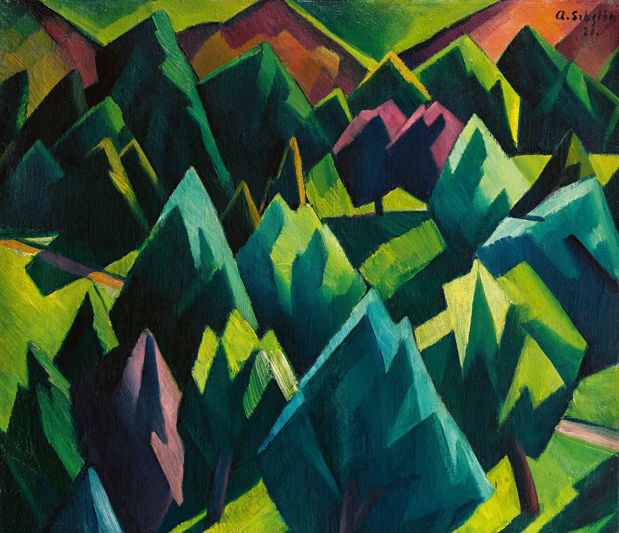 Kubistisches Gemälde eines dichten Waldes mit kantigen, geometrischen grünen Bäumen und scharfen Formen vor sanften Hügeln in Grün-, Violett- und Orangetönen unter einem leuchtend gelben Himmel.