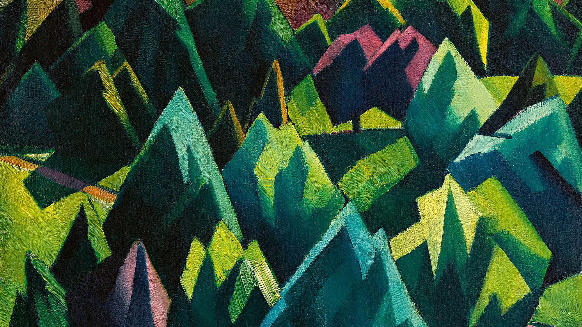 Abstraktes Gemälde mit spitzen, sich überschneidenden bergähnlichen Formen in Grün-, Blau- und Gelbtönen, mit kantigen Facetten und scharfen Kanten. Einige Bereiche sind violett angehaucht und bilden eine lebendige, geometrische Landschaft.