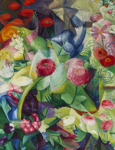 Colorful abstract painting featuring overlapping flowers and leaves in vibrant shades, with swirling shapes and bold brushstrokes evoking lively movement—reminiscent of works showcased at the Presse Franz Marc Museum.