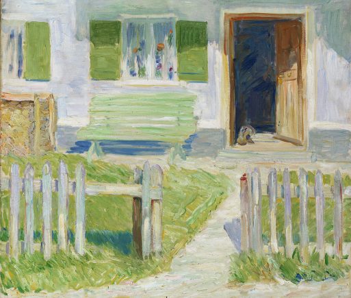 An impressionist painting of a sunlit house with green shutters, a green bench, and an open door evokes the serene charm of works seen at the Presse Franz Marc Museum. A cat sits in the shadowed doorway by a white fence and grassy yard.