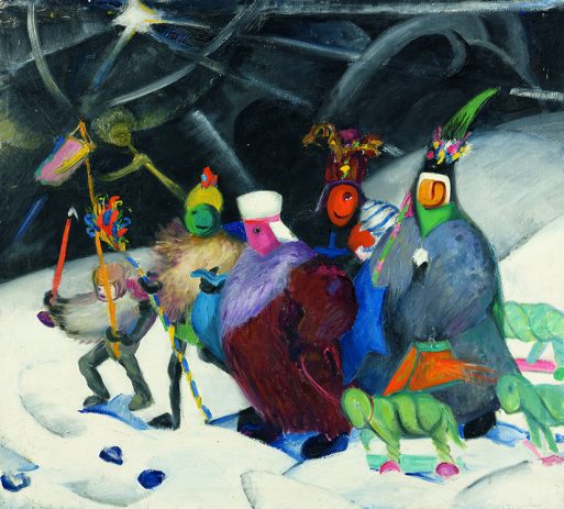 Ein farbenfrohes, abstraktes Gemälde zeigt vier festlich gekleidete, vogelähnliche Figuren in leuchtenden Kostümen, die unter einem dunklen, wirbelnden Himmel über den Schnee schreiten – ganz im Stil der verspielten, surrealen Details, die in den im Presse-Franz-Marc-Museum ausgestellten Werken zu sehen sind.