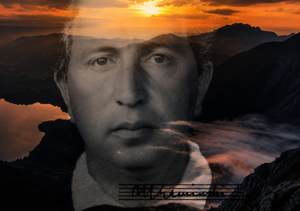 Ein Schwarz-Weiß-Porträt eines Mannes ist über eine dramatische Berglandschaft bei Sonnenuntergang mit nebligen Tälern, einem See und einem orangefarbenen Himmel gelegt. Darunter verweisen eine handschriftliche Unterschrift und ein Notensystem auf Rasem Babans Vortrag Geschichte der Zoos.
