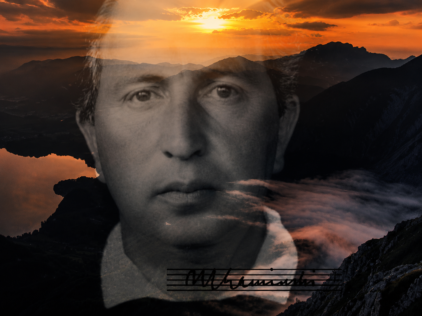 Ein Schwarz-Weiß-Porträt eines Mannes ist über eine dramatische Berglandschaft bei Sonnenuntergang mit nebligen Tälern, einem See und einem orangefarbenen Himmel gelegt. Darunter verweisen eine handschriftliche Unterschrift und ein Notensystem auf Rasem Babans Vortrag Geschichte der Zoos.