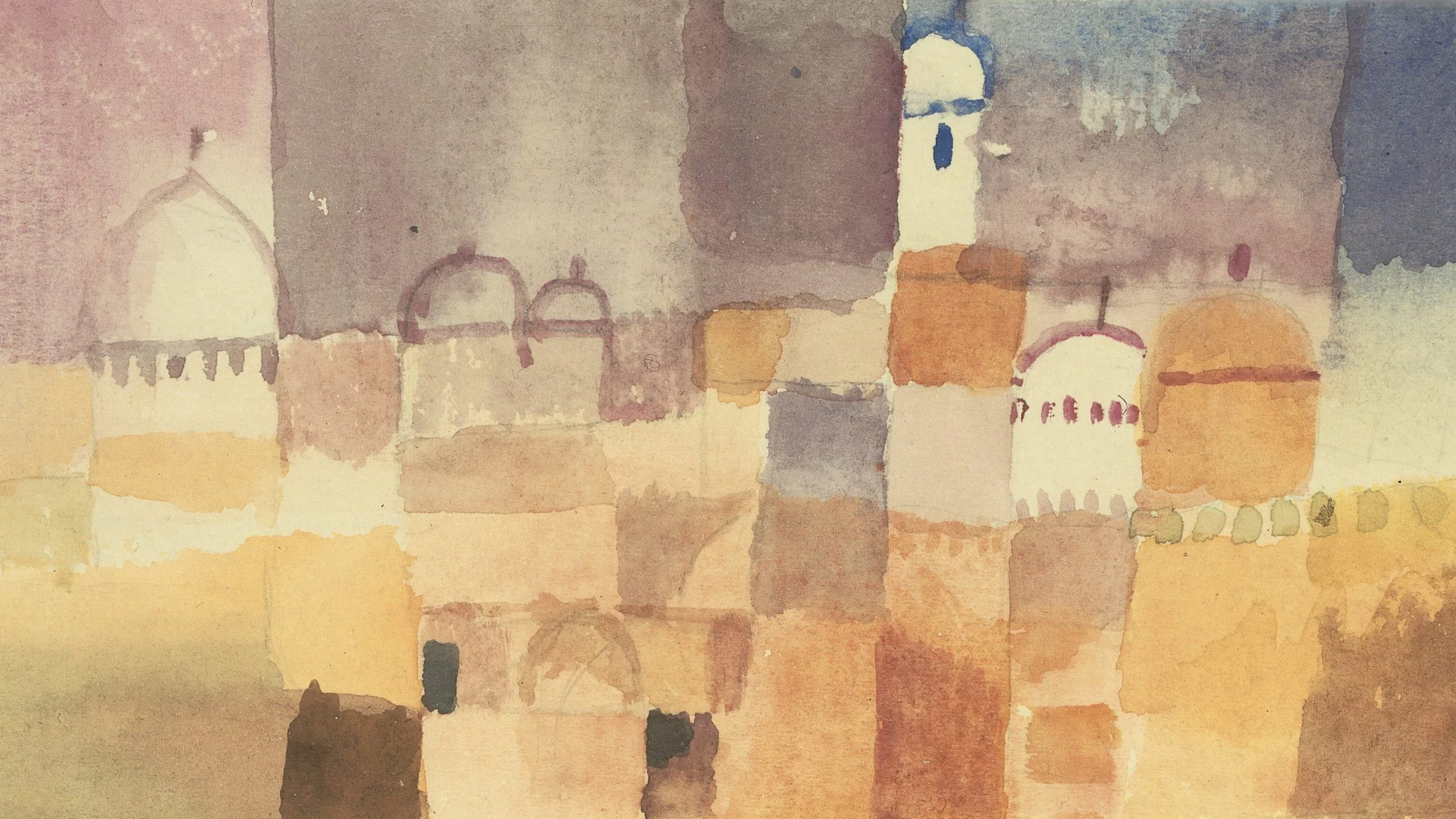 Abstraktes Aquarellbild mit architektonischen Formen, inspiriert von „Zoo und Moderne“, mit sanften, sich überlappenden Farbflächen in gedämpften Rosa-, Beige- und Blautönen. Abgerundete Kuppeln und Bögen lassen an Gebäude denken, wobei ein Bauwerk mit einer auffälligen blauen Kuppel auf der rechten Seite besonders hervorsticht.