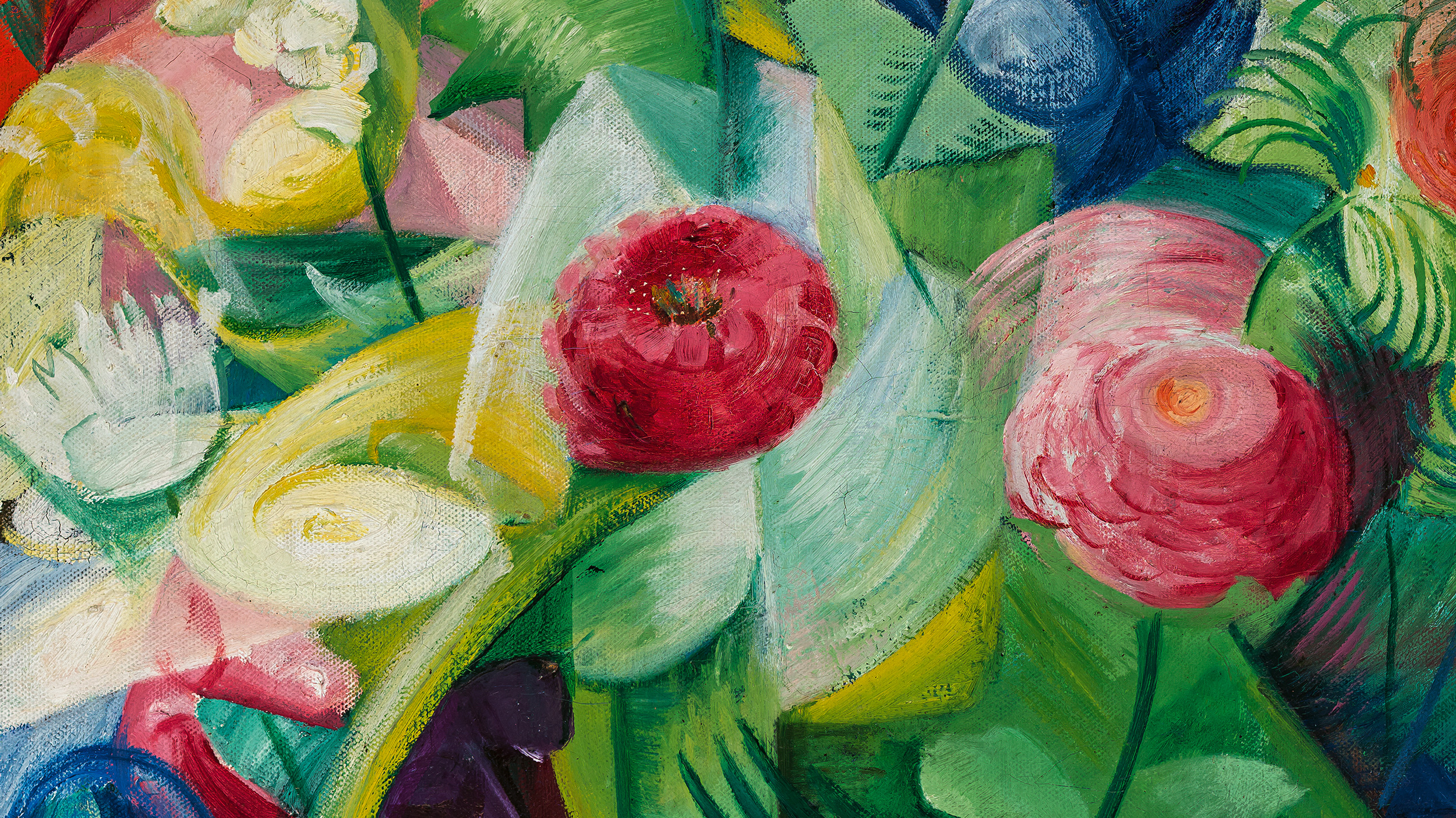 Ein abstraktes Gemälde mit farbenfrohen Blumen und wirbelnden Pinselstrichen, das Einflüsse des „Zoo“ und der Moderne vereint und in dem markante rote, gelbe und weiße Blüten im Mittelpunkt stehen, umgeben von leuchtend grünen Blättern und blauen Akzenten.