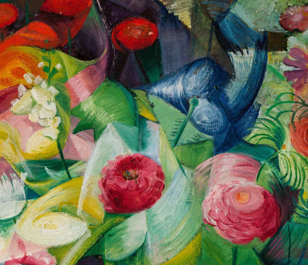Ein abstraktes Gemälde mit leuchtenden Blumen in kräftigen Rot-, Rosa- und Weißtönen, umspielt von wirbelnden grünen Blättern und dynamischen blauen Pinselstrichen, die der gesamten Komposition eine energiegeladene Bewegung verleihen.