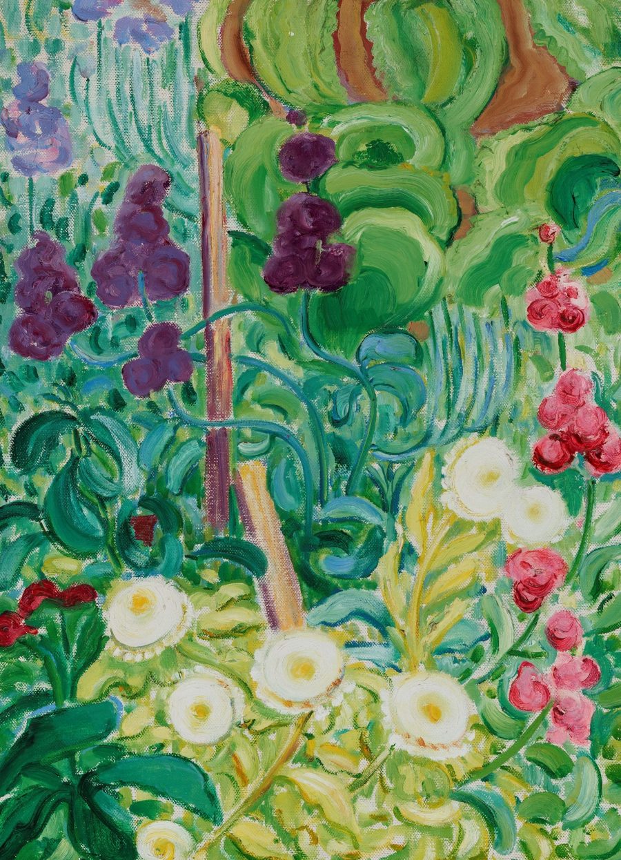 Ein lebhaftes Gemälde eines farbenfrohen Gartens mit üppigem Grün, weißen und roten Blumen sowie kräftigen violetten Blüten, wobei wirbelnde Pinselstriche einen lebendigen, strukturierten Effekt erzeugen.
