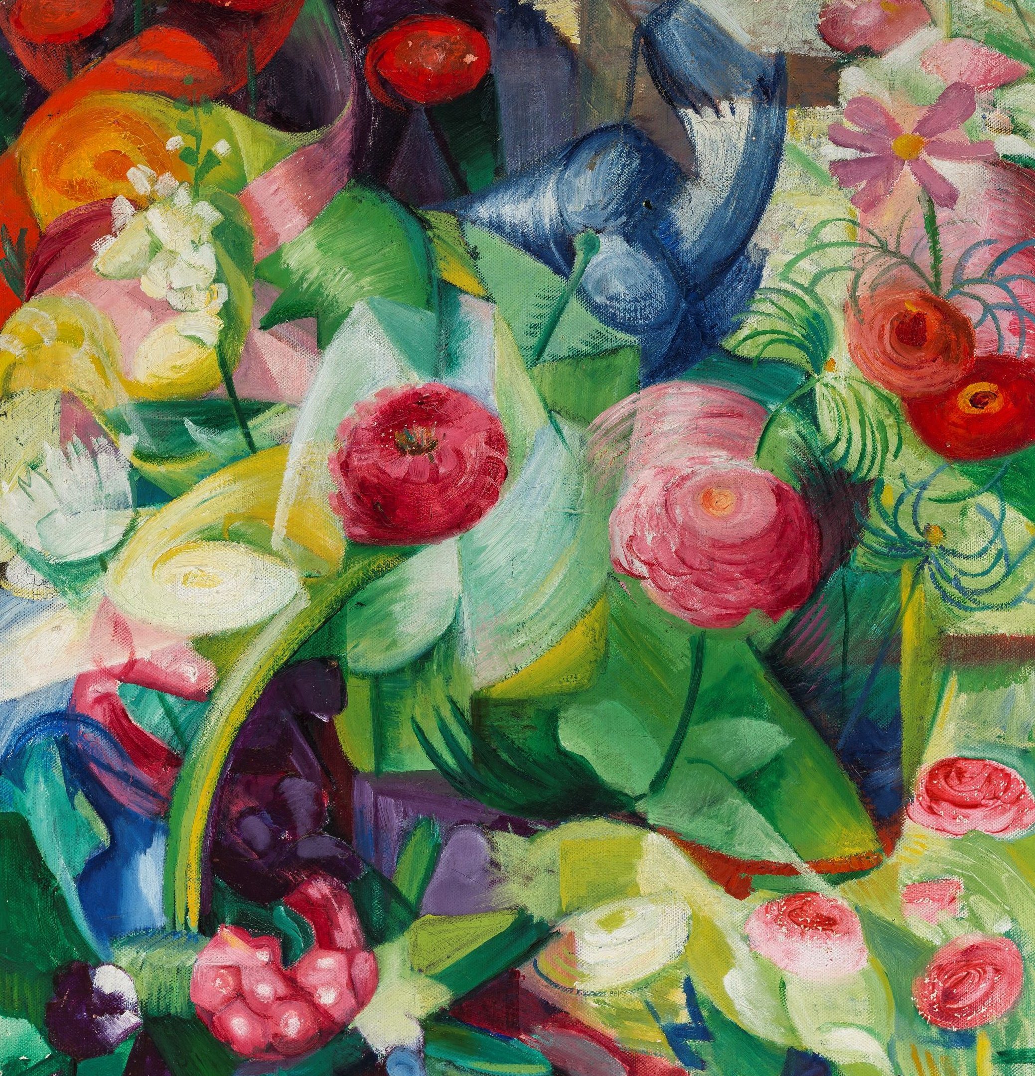 Colorful abstract painting of flowers and foliage featuring vivid reds, greens, yellows, and blues with swirling shapes and overlapping petals, creating a dynamic and energetic composition.