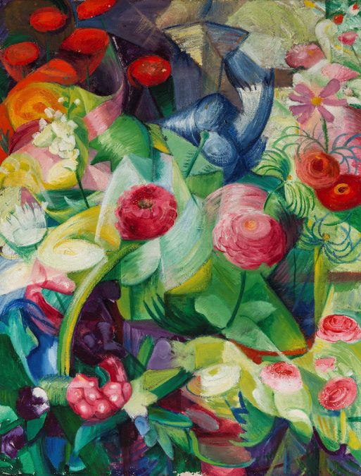 Ein lebhaftes, abstraktes Gemälde mit farbenfrohen Blumen und kräftigen grünen Blättern, verziert mit wirbelnden Pinselstrichen in Rot, Rosa, Blau, Violett und Gelb, die eine lebendige und energiegeladene Komposition ergeben.