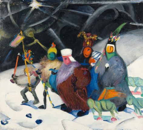 A group of colorful, abstract figures in festive costumes walk through a snowy landscape at night. Stars and swirling shapes fill the dark sky above them, and two green, animal-like creatures walk alongside.