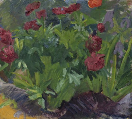 Ein impressionistisches Gemälde einer üppig grünen Pflanze mit blühenden roten Blüten, umgeben von anderen bunten Blumen und Blättern, im Freien in einem Garten. Kräftige, sichtbare Pinselstriche sorgen für einen lebendigen, strukturierten Effekt.