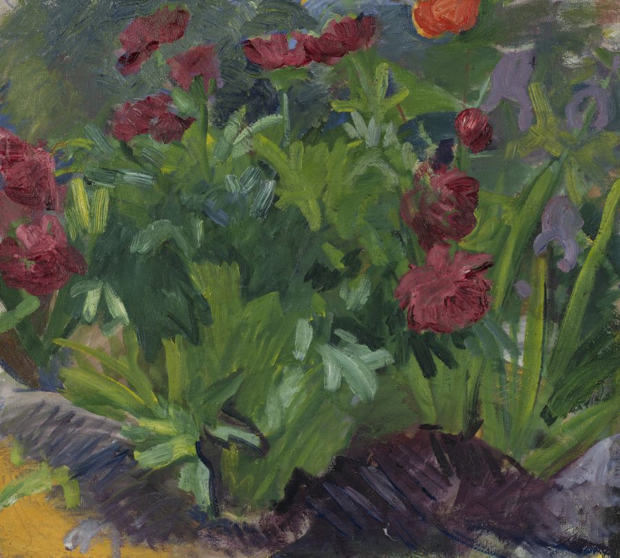Ein impressionistisches Gemälde einer üppig grünen Pflanze mit blühenden roten Blüten, umgeben von anderen bunten Blumen und Blättern, im Freien in einem Garten. Kräftige, sichtbare Pinselstriche sorgen für einen lebendigen, strukturierten Effekt.