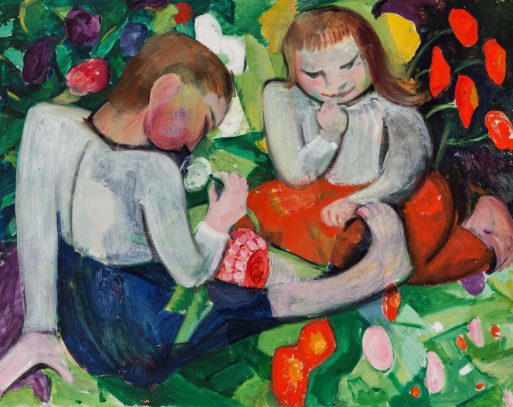 Two children sit on green grass surrounded by colorful flowers and plants. Their bright clothes and curious poses echo the expressive brushstrokes and vibrant palette found in works showcased at the Presse Franz Marc Museum.