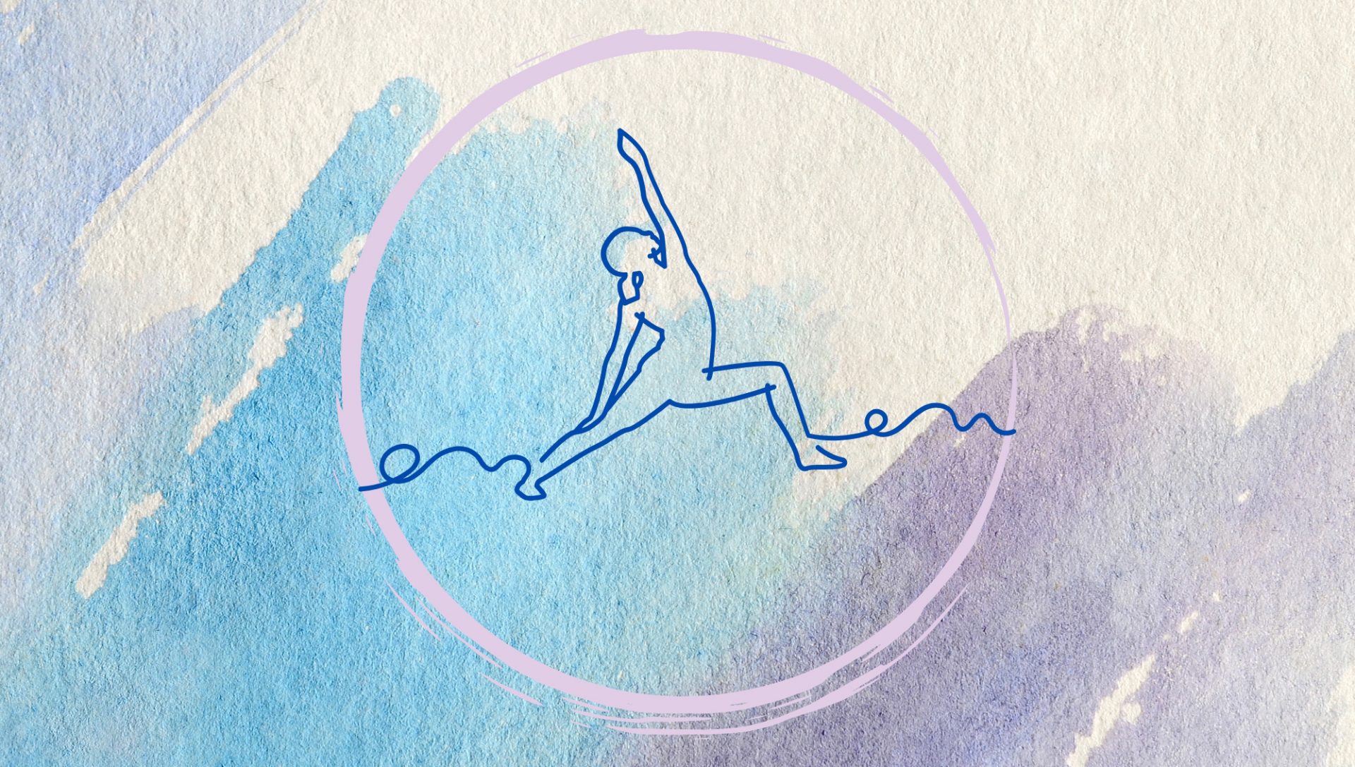 Eine minimalistische blaue Strichzeichnung einer Person in der Yoga-Krieger-Pose, zentriert in einem violetten Kreis auf einem strukturierten Hintergrund in Aquarellblau und Creme.
