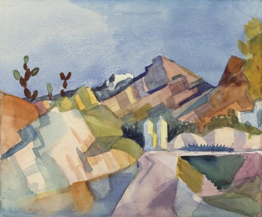 Abstraktes Aquarellbild einer Berglandschaft mit geometrischen Formen, Bäumen und einer Straße, die durch die Hügel führt, in Blau-, Violett-, Grün- und Brauntönen – eine faszinierende Vorschau auf kommende Ausstellungen für Kunstliebhaber, die nach Inspiration suchen.