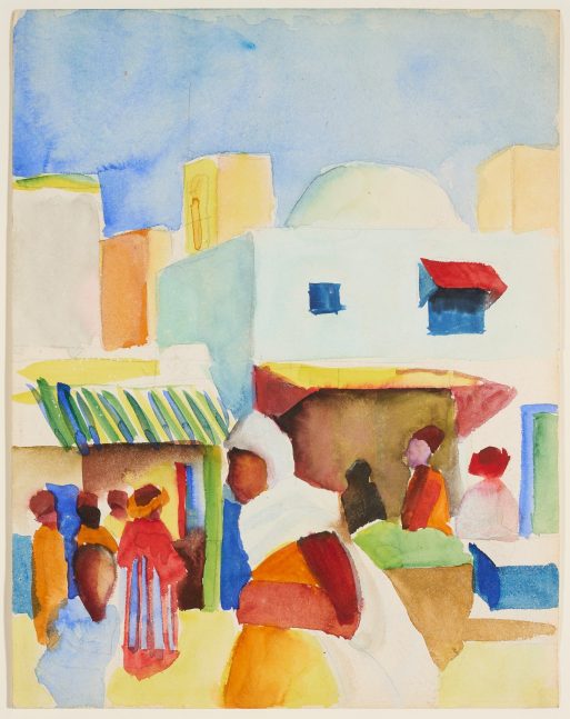 Ein farbenfrohes Aquarell zeigt Menschen in wallenden Gewändern, die unter blauem Himmel eine sonnendurchflutete Straße entlanggehen, die von weißen, kuppelüberdachten Gebäuden und Markisen gesäumt ist, und vermittelt so die lebendige Atmosphäre, die in der „Vorschau auf kommende Ausstellungen“ oft hervorgehoben wird.