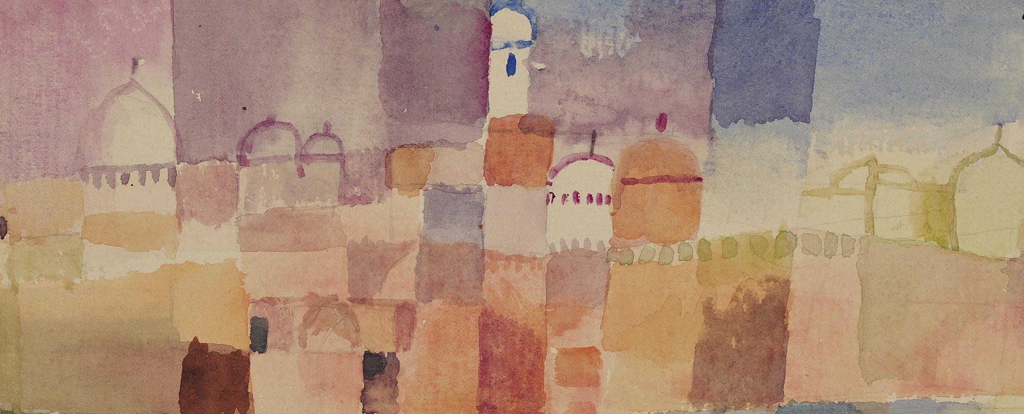 Abstraktes Aquarell eines Stadtbildes in pastelligen Rosa-, Violett-, Blau- und Beigetönen mit geometrischen, kuppelförmigen Gebäuden – eine Vorschau auf kommende Ausstellungen unter einem sanften Himmel.