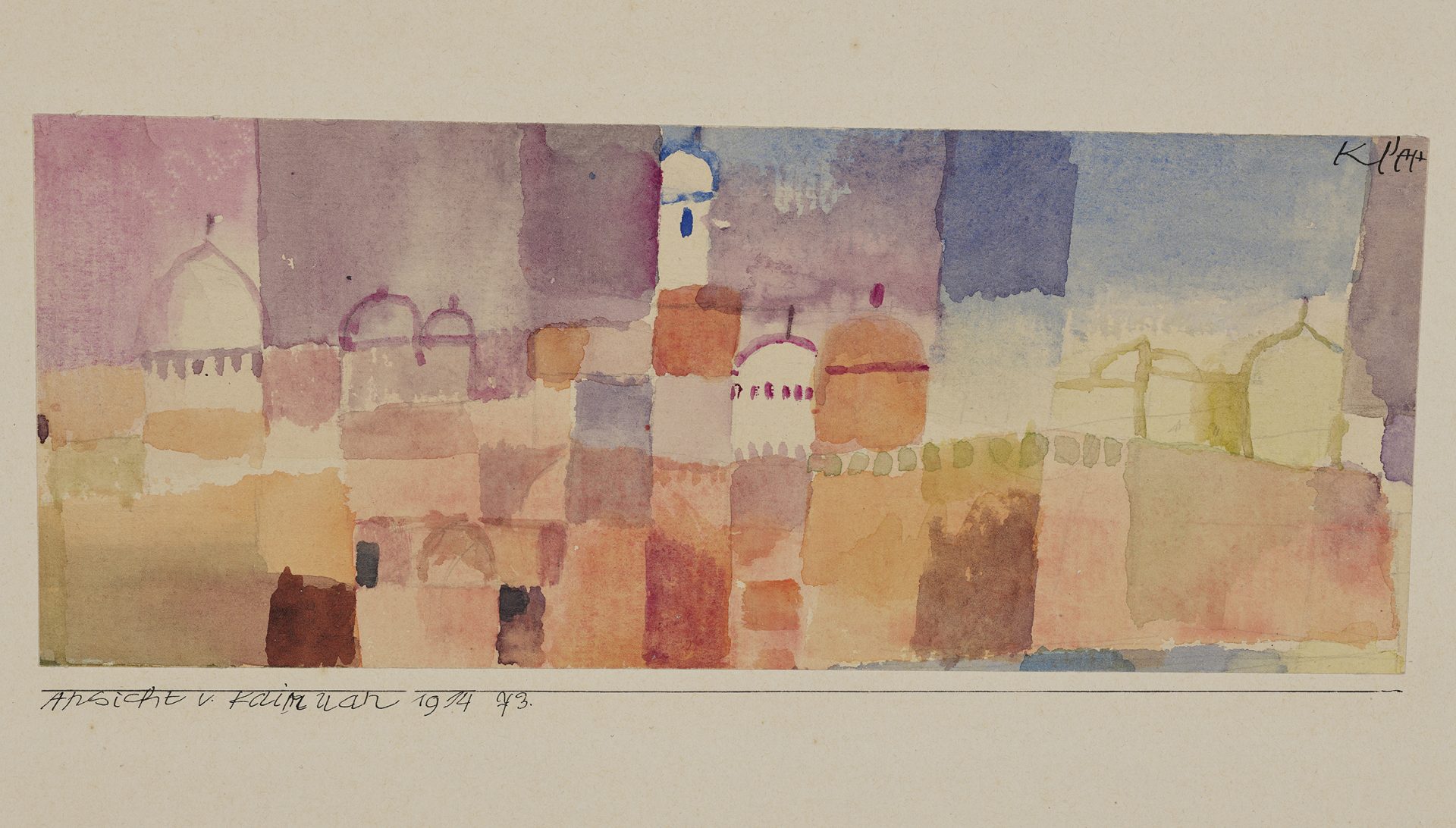 Ein Aquarell mit abstrakten, farbenfrohen geometrischen Formen, die gewölbte Gebäude unter einem violetten und rosa Himmel bilden. Ein handgeschriebener Text und eine Signatur – einschließlich des Vermerks „Presse Franz-Marc-Museum“ – sind unten und in der oberen rechten Ecke zu sehen.