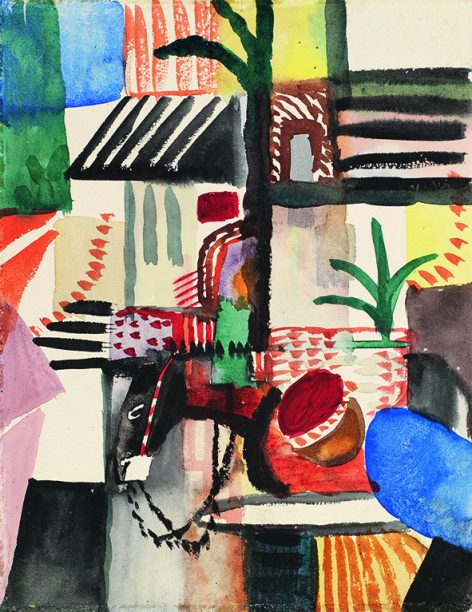 Abstrakte Malerei mit leuchtenden Farben und geometrischen Formen, die an Werke erinnert, die im Presse-Franz-Marc-Museum ausgestellt sind. Auf einem Tisch stehen eine Vase mit einer grünen Pflanze und ein rundes rotes Objekt; kräftige Muster und eine schwarze vertikale Linie lassen einen Baum oder einen Pfahl erahnen.