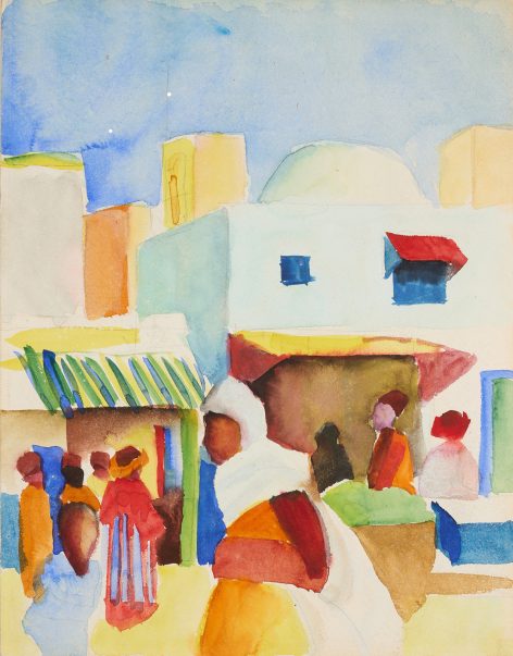 Farbenfrohes Aquarell, das Menschen in Gewändern zeigt, die eine sonnenbeschienene Straße entlanggehen, im Hintergrund weiße Gebäude mit Flachdächern, Markisen und ein strahlend blauer Himmel. Die Szene erinnert an die im Presse-Franz-Marc-Museum ausgestellten Kunstwerke und vermittelt eine lebendige, warme und dynamische Atmosphäre.