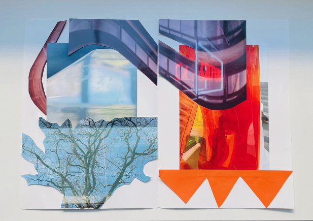 Eine Collage aus abstrakten Formen, Baumzweigen und architektonischen Elementen in Blau-, Rot- und Orangetönen auf weißem Papier, mit einer Reihe orangefarbener Dreiecke unten rechts.