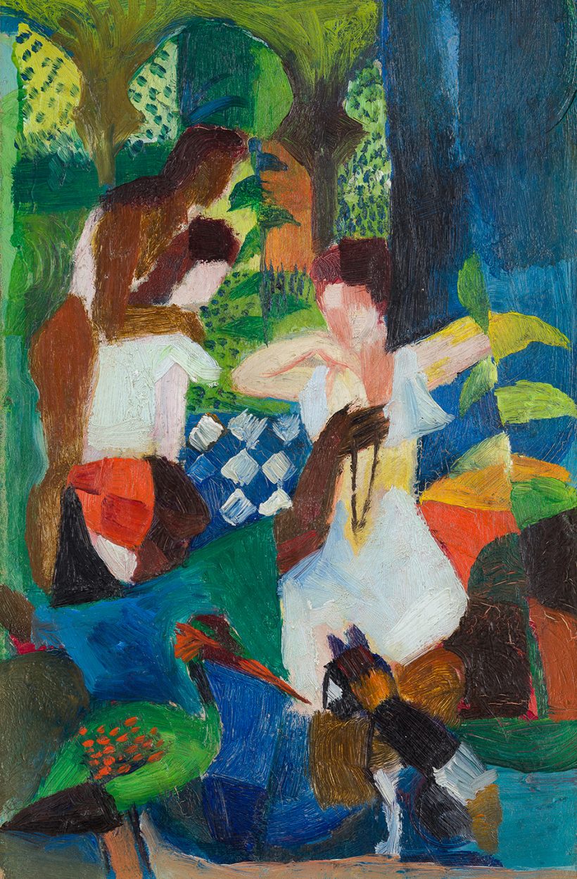 Ein expressionistisches Ölgemälde, das zwei Frauen in einem Garten zeigt, von denen eine ihre Halskette zurechtzieht, im Vordergrund sind ein großer Vogel und ein Hund zu sehen.