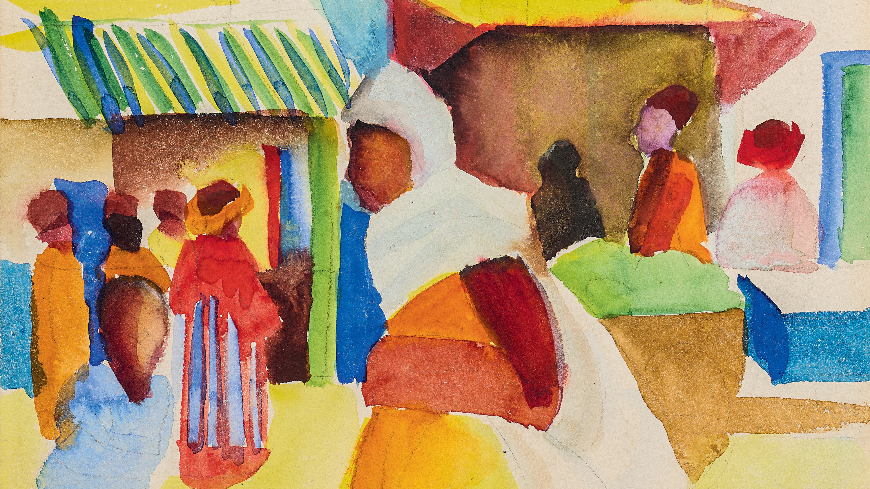 Aquarellbild, das Menschen in farbenfroher Kleidung zeigt, die über einen Markt im Freien schlendern.