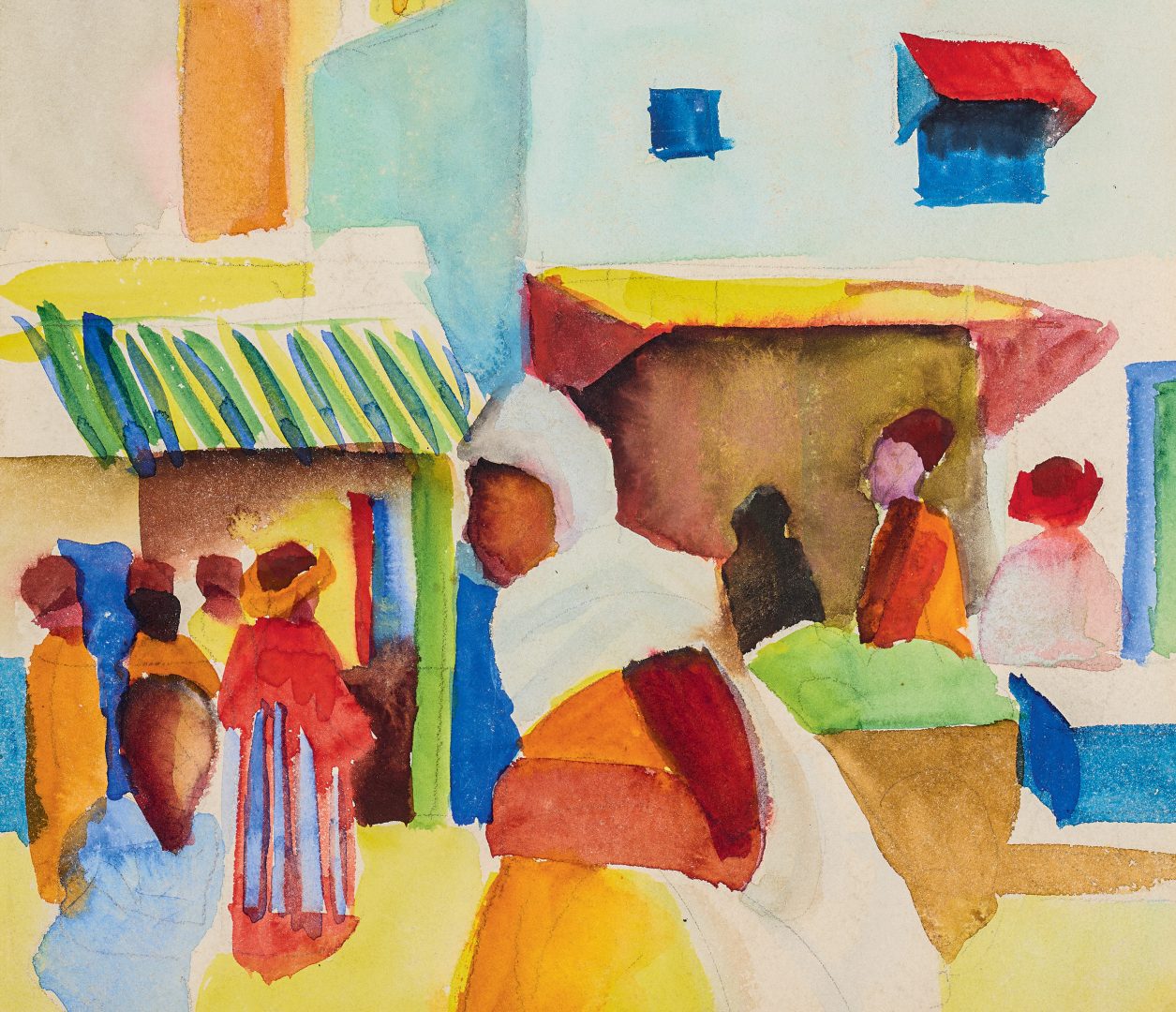 Aquarellbild von Menschen, die sich auf einem Marktplatz mit bunten Ständen versammelt haben.