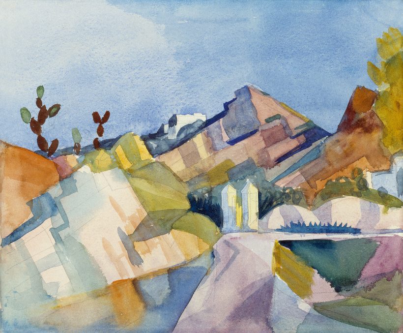 Ein Aquarellbild einer Wüstenlandschaft mit kantigen Felsformationen, hohen Kakteen und einem gewundenen Pfad unter blauem Himmel.