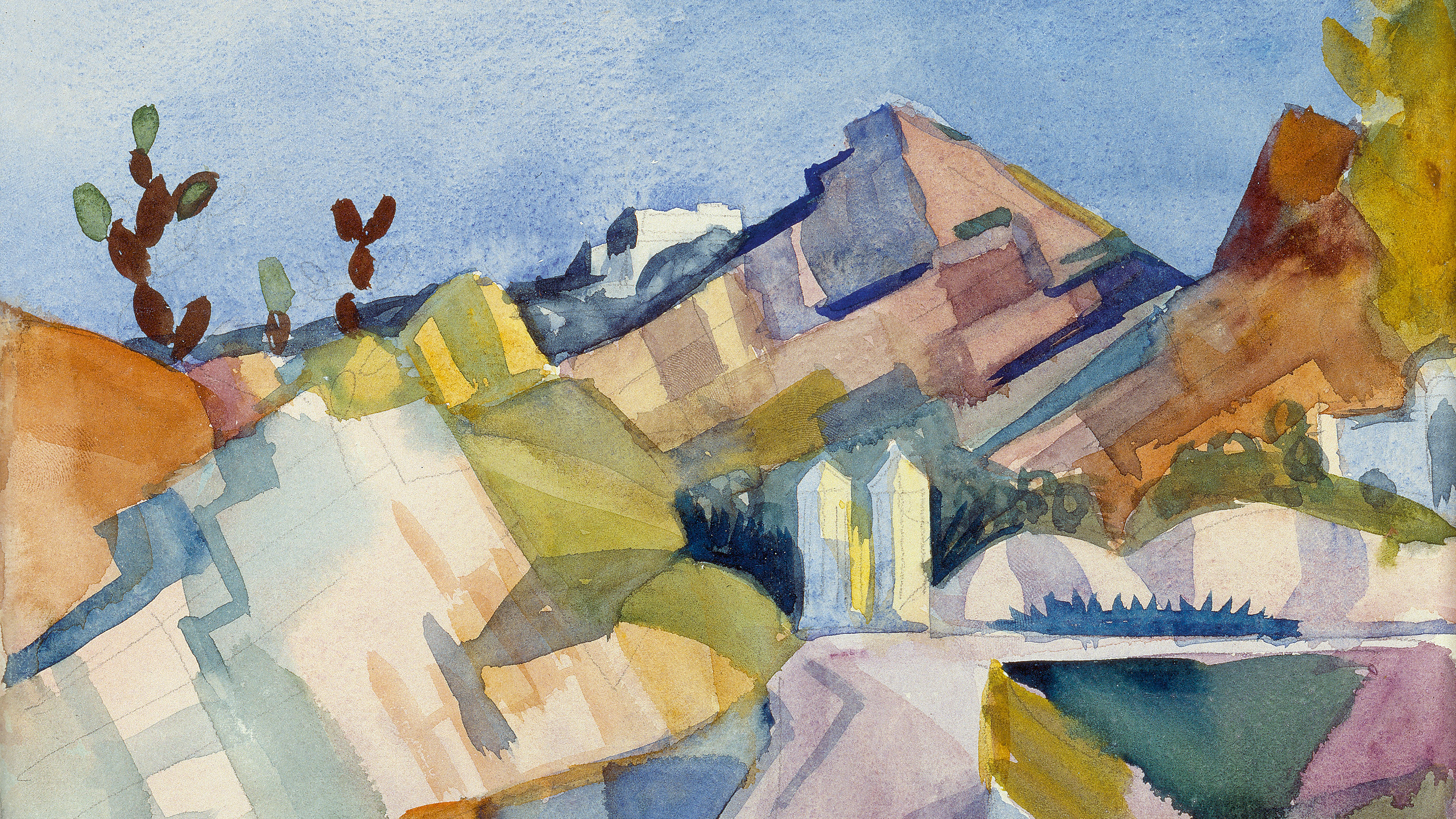 Aquarellbild einer Wüstenlandschaft mit kantigen Bergen, Kakteen und zwei kleinen weißen Gebäuden.