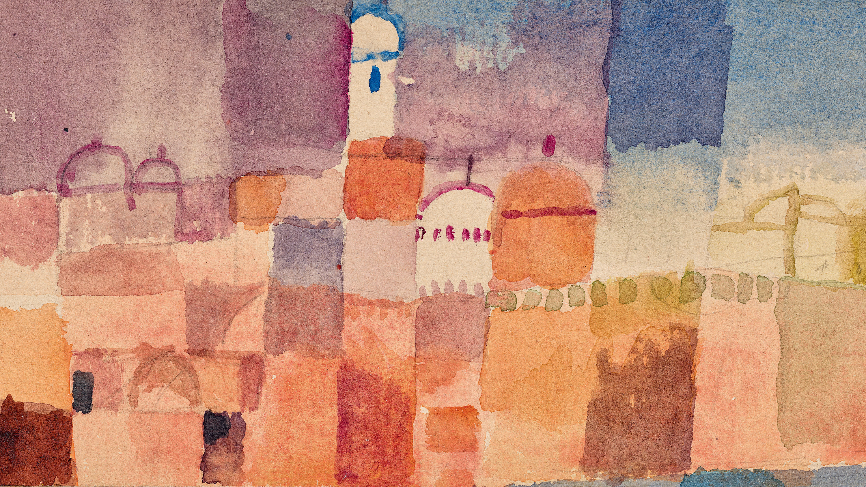 Aquarellbild einer abstrakten Stadtlandschaft mit blockartigen Gebäuden in Orange-, Violett- und Blautönen und gewölbten Dächern.