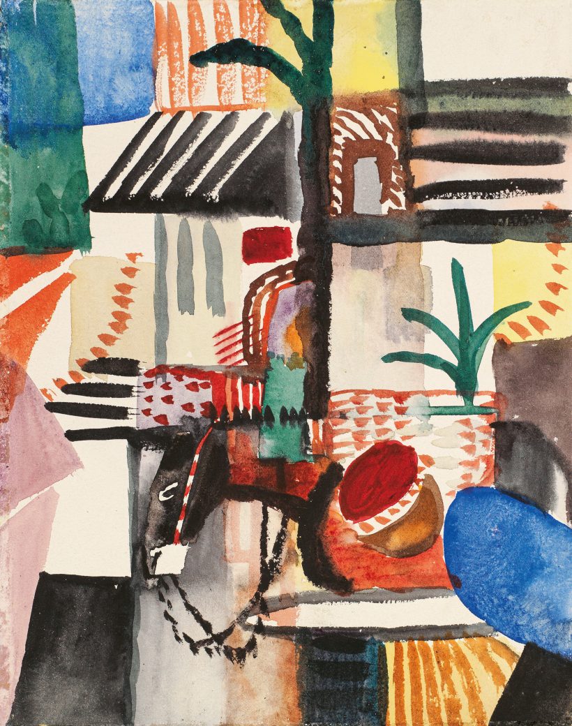 Abstraktes Aquarell mit geometrischen Formen, schwarz-weißen Streifen, einer Topfpflanze und einem stilisierten Pferd in einer farbenfrohen, fragmentierten Komposition.
