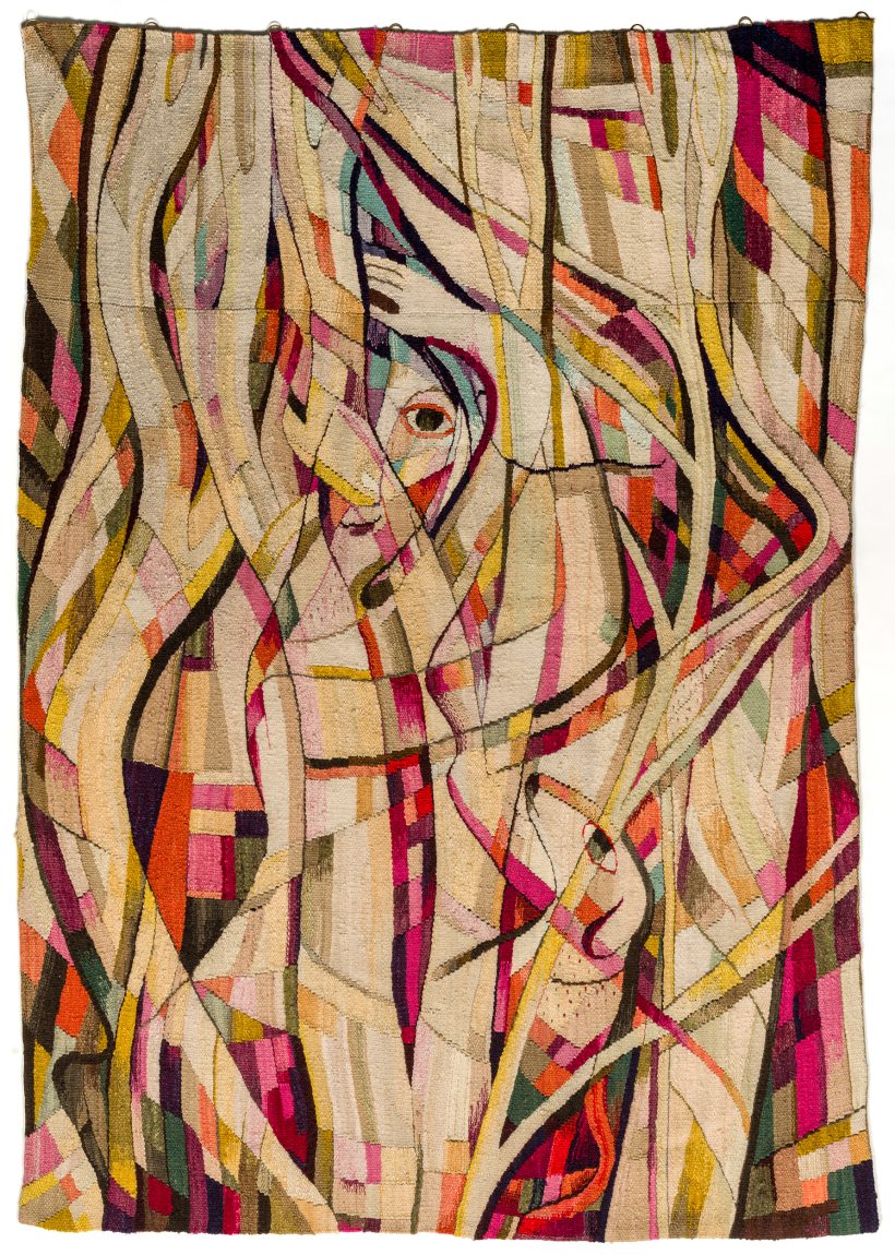 Abstract tapestry featuring a woven design of interlocking curved lines and multicolored geometric shapes.